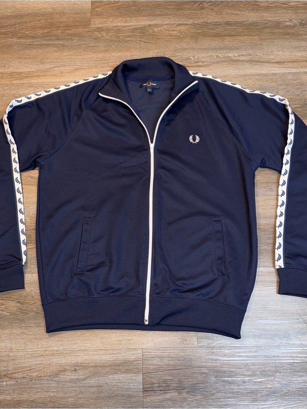 Fred Perry Taped Track Jacket Mens Large Navy Blue White Laurel Wreath-Branded